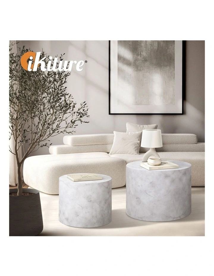Oikiture Coffee Table Set of 2 Round Side Tables Sofa Cafe Marble Effect White image 7