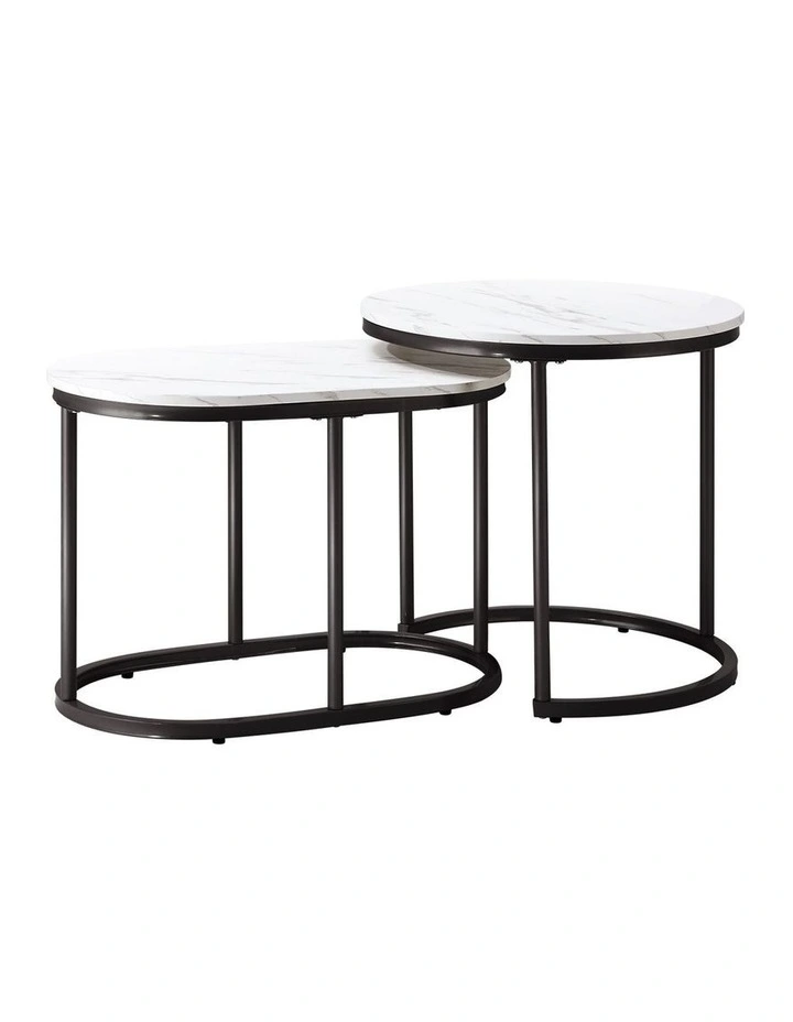 Oikiture Set of 2 Coffee Table Round Oval Marble-like Nesting Side Tables Black image 1