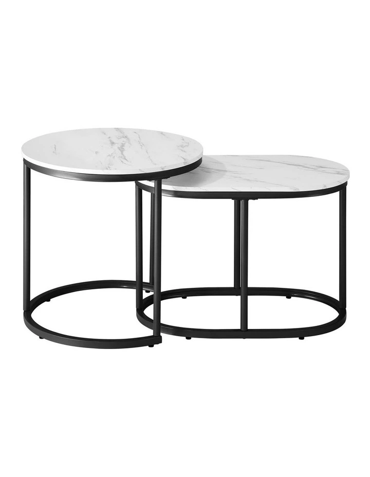 Oikiture Set of 2 Coffee Table Round Oval Marble-like Nesting Side Tables Black image 2
