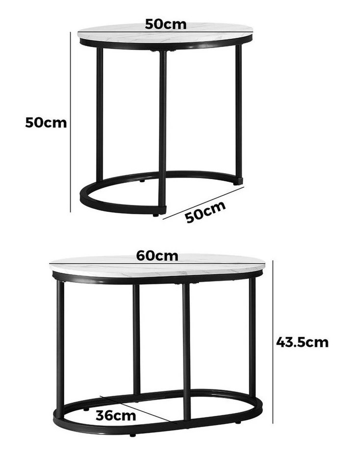 Oikiture Set of 2 Coffee Table Round Oval Marble-like Nesting Side Tables Black image 3
