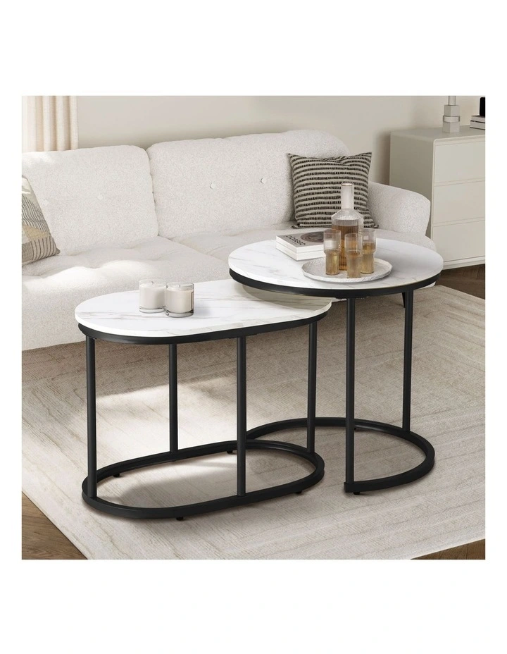 Oikiture Set of 2 Coffee Table Round Oval Marble-like Nesting Side Tables Black image 4