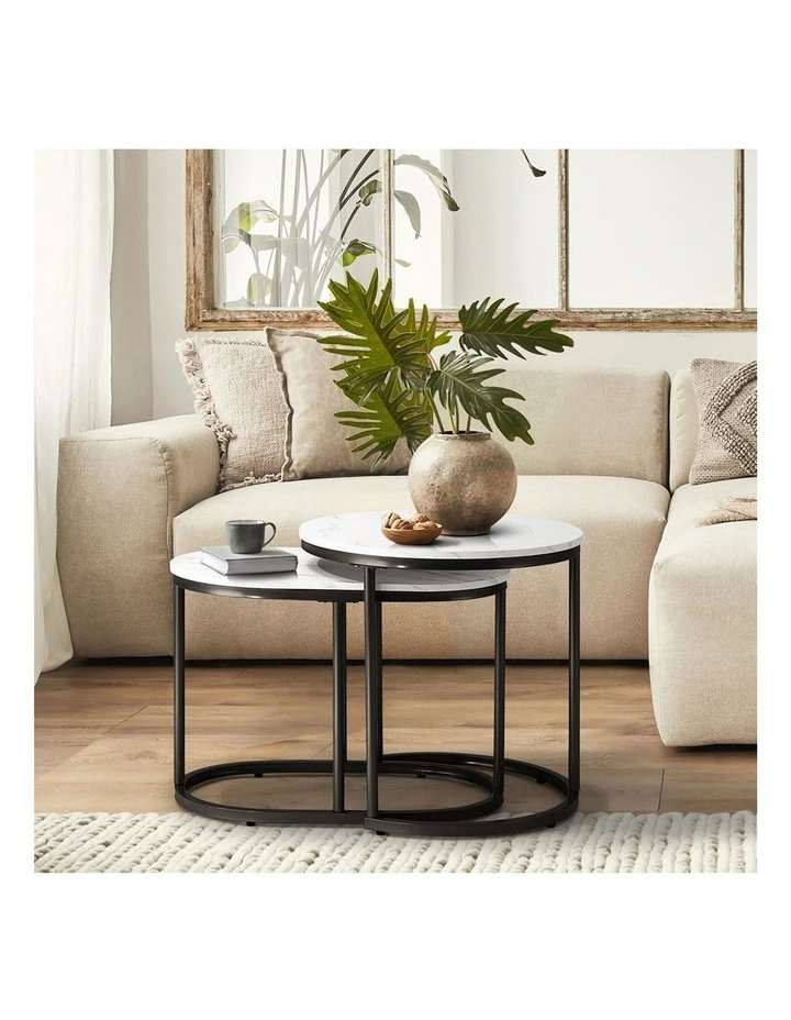 Oikiture Set of 2 Coffee Table Round Oval Marble-like Nesting Side Tables Black image 5