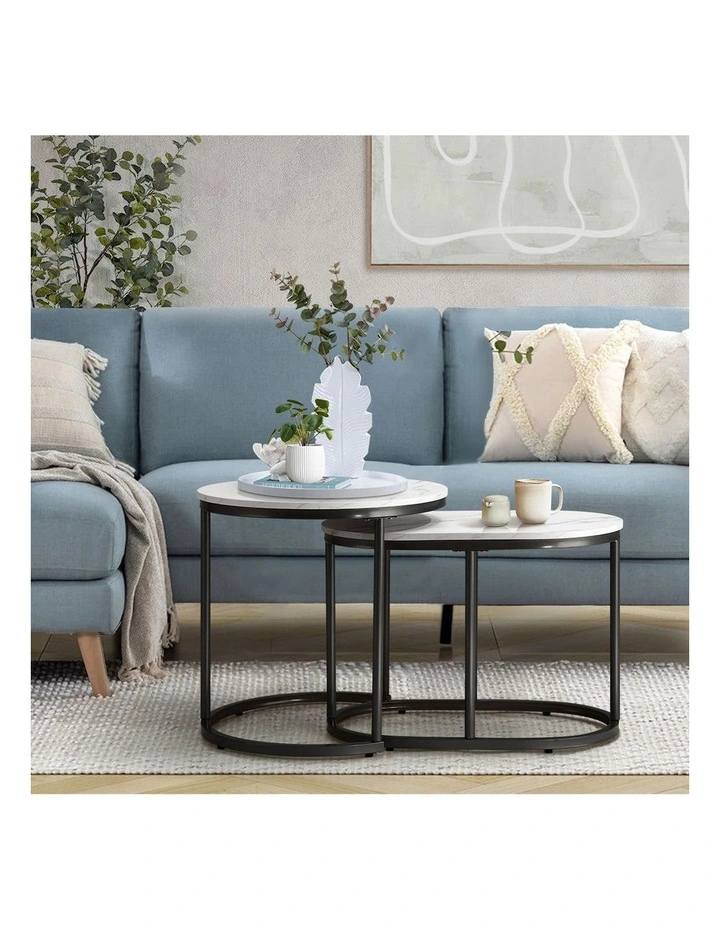 Oikiture Set of 2 Coffee Table Round Oval Marble-like Nesting Side Tables Black image 7