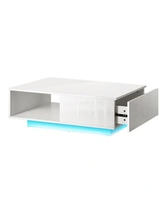 Oikiture Coffee Table LED Light High Gloss Storage Drawer Modern Furniture White