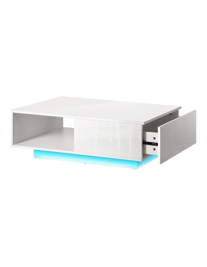 Oikiture Coffee Table LED Light High Gloss Storage Drawer Modern Furniture White image 1