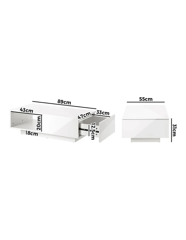 Oikiture Coffee Table LED Light High Gloss Storage Drawer Modern Furniture White image 3