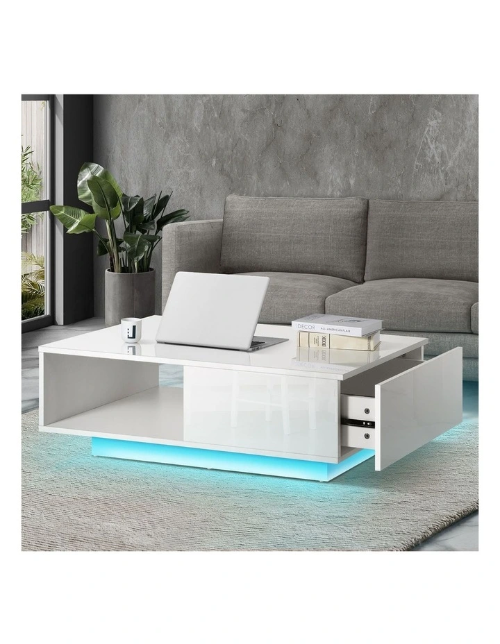 Oikiture Coffee Table LED Light High Gloss Storage Drawer Modern Furniture White image 4