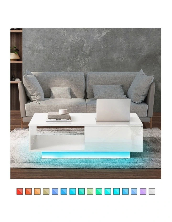 Oikiture Coffee Table LED Light High Gloss Storage Drawer Modern Furniture White image 5
