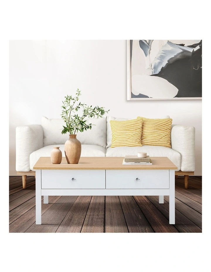 Oikiture Coffee Table Storage Drawers Side Tables Sofa Cafe Desk Natural White image 5