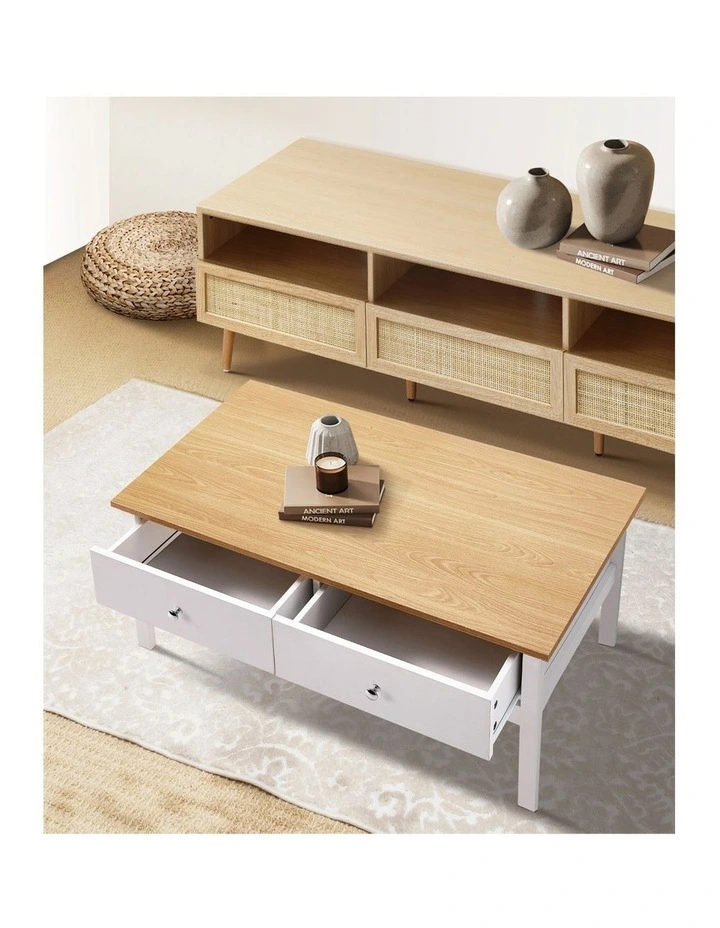 Oikiture Coffee Table Storage Drawers Side Tables Sofa Cafe Desk Natural White image 6