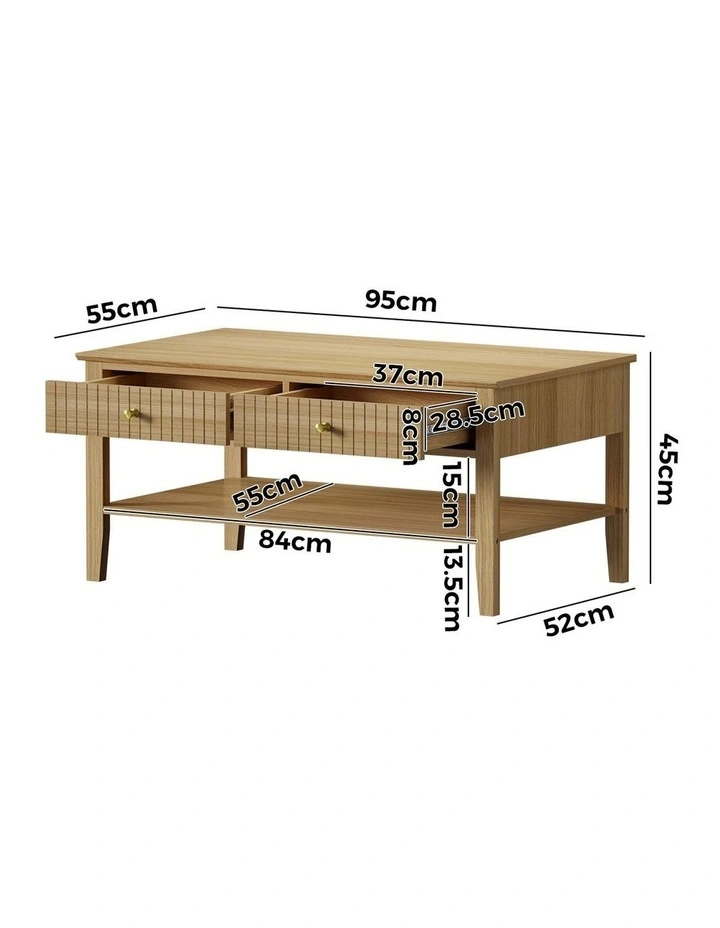 Oikiture Coffee Table Rectangle Table Side Storage Drawers Shelving Natural image 3
