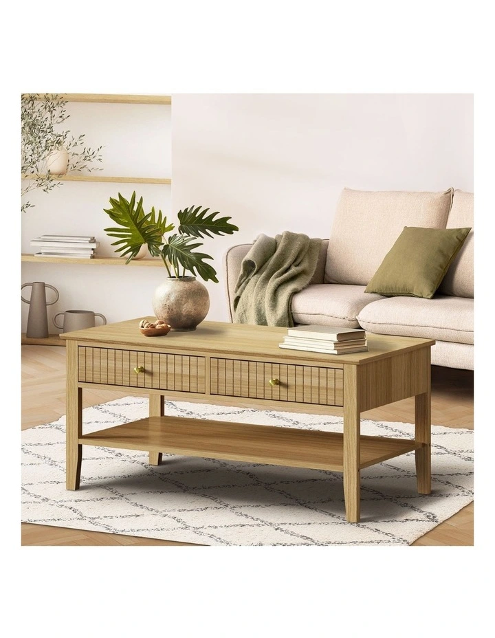 Oikiture Coffee Table Rectangle Table Side Storage Drawers Shelving Natural image 4