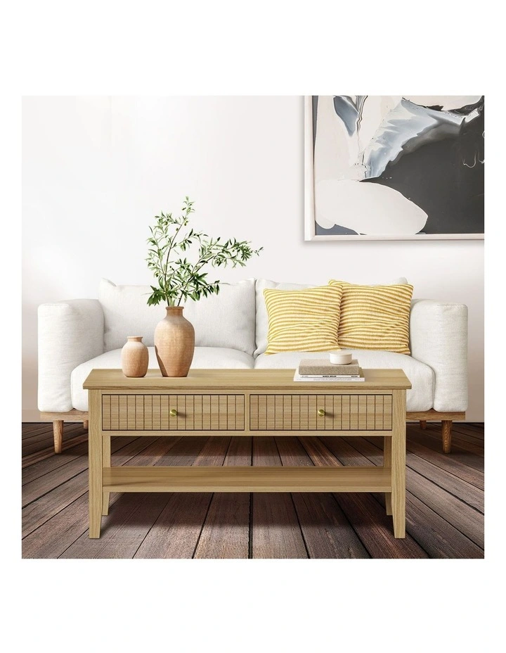 Oikiture Coffee Table Rectangle Table Side Storage Drawers Shelving Natural image 5