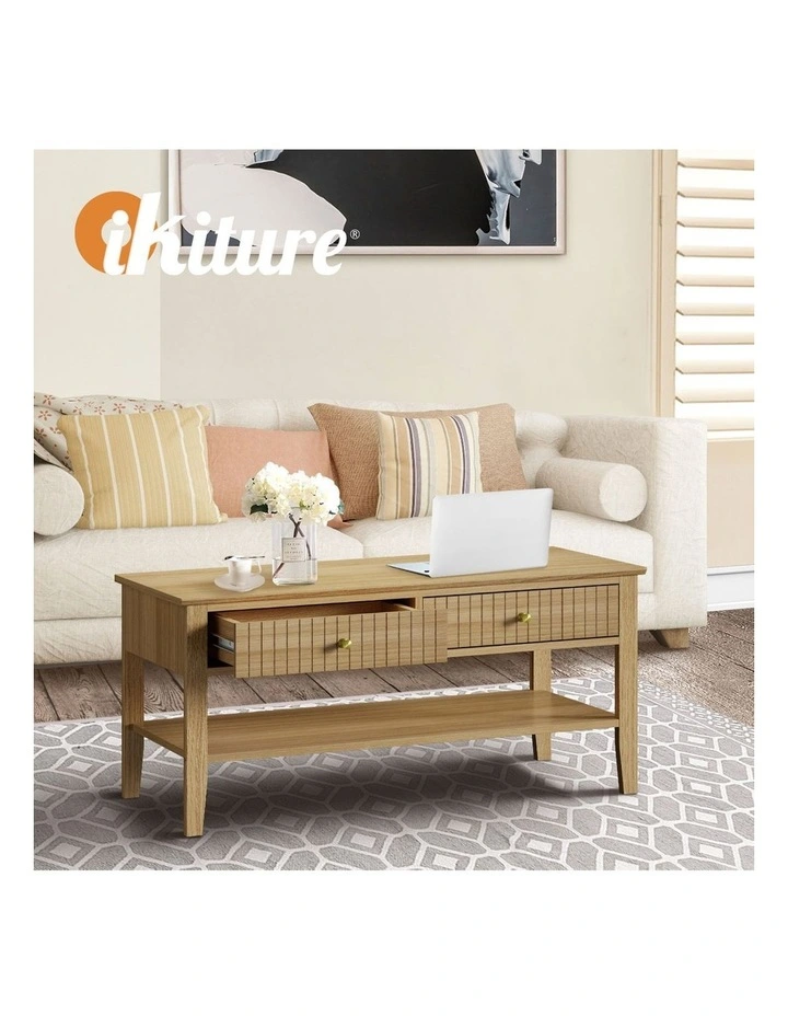 Oikiture Coffee Table Rectangle Table Side Storage Drawers Shelving Natural image 7