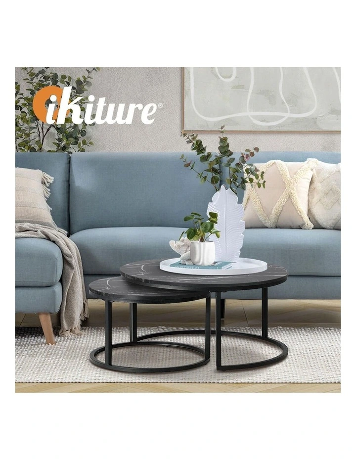 Oikiture Set of 2 Coffee Table Round Nesting Side End Table Black image 7