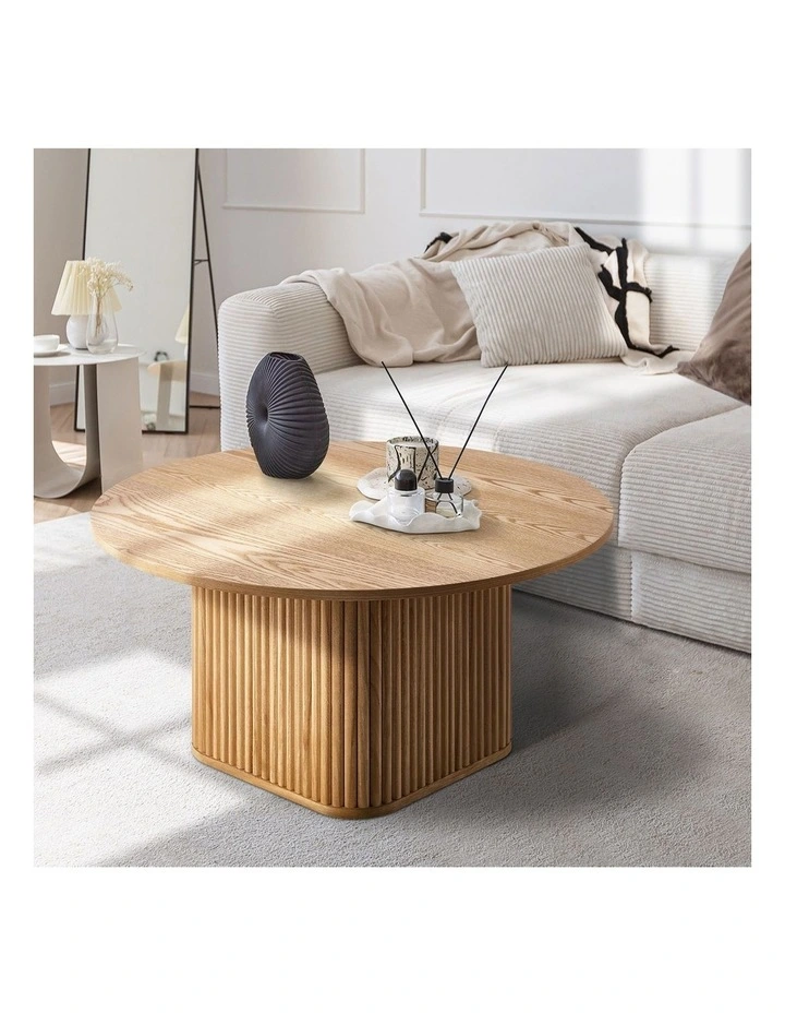 Oikiture Coffee Table Side End Tables Sofa Desk Round Wooden Furniture Natural image 5