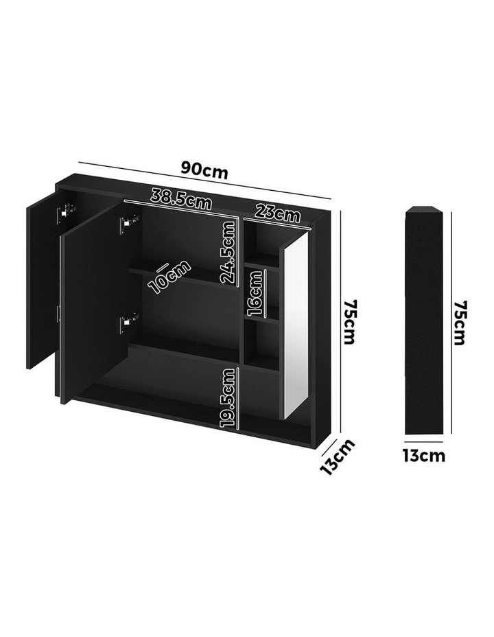 Welba Bathroom Mirror Cabinet LED Medicine Shaving Wall Storage 900x750mm Black image 3