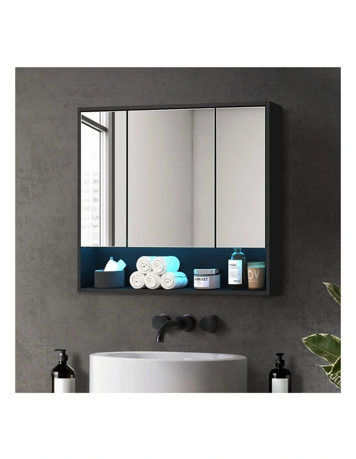 Welba Bathroom Mirror Cabinet LED Medicine Shaving Wall Storage 900x750mm Black image 4