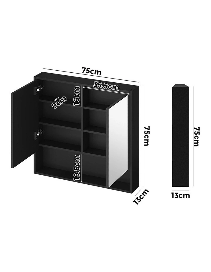 Welba Bathroom Mirror Cabinet LED Medicine Shaving Wall Storage 750x750mm Black image 3