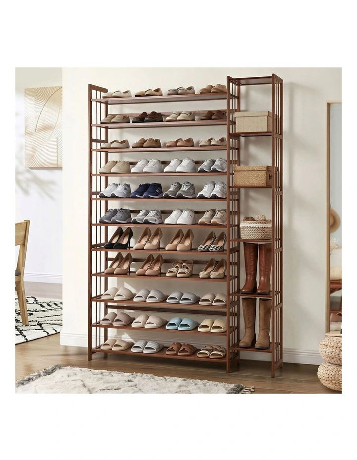 Oikiture Shoe Rack Organizer Bamboo Stand 11 Shelves with Boots Storage Brown image 4