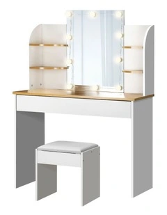 Oikiture Dressing Table Stool Set Makeup Mirror Storage Drawer 10LED Bulbs White