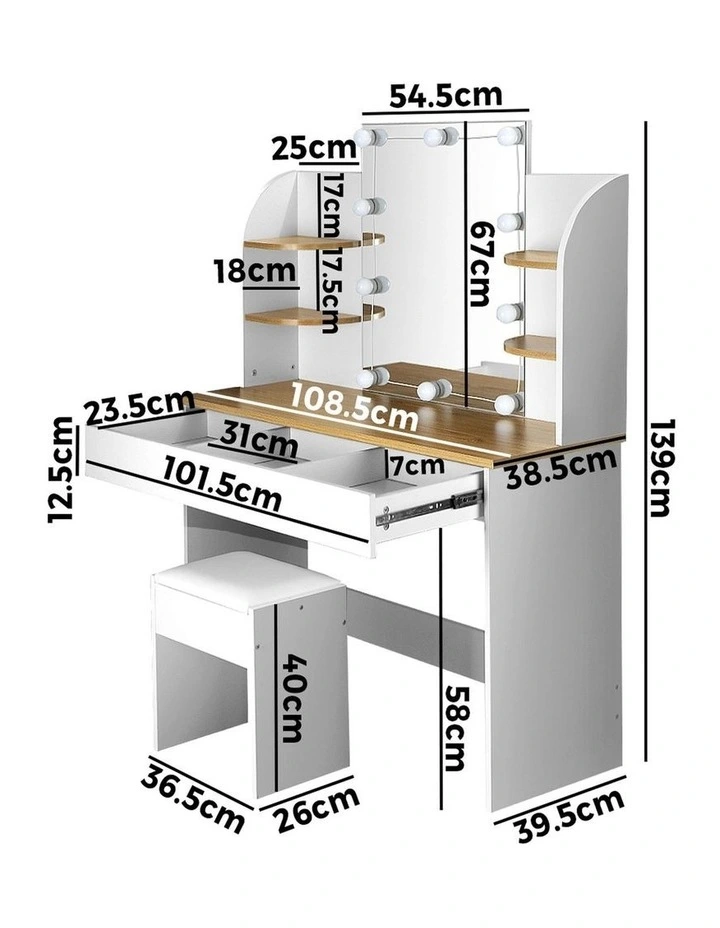 Oikiture Dressing Table Stool Set Makeup Mirror Storage Drawer 10LED Bulbs White image 3