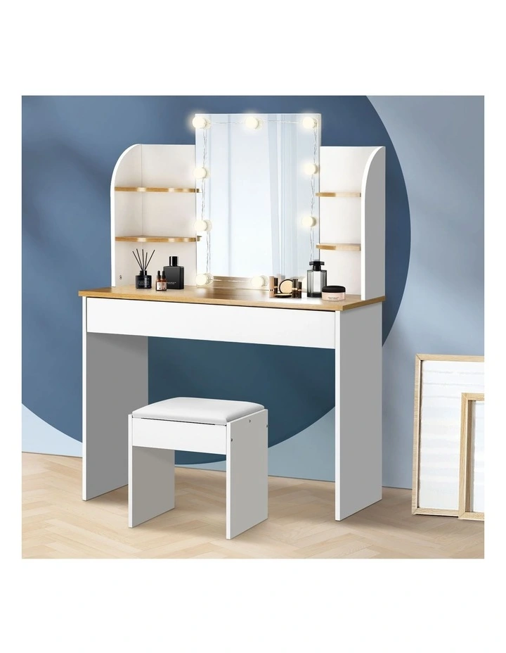 Oikiture Dressing Table Stool Set Makeup Mirror Storage Drawer 10LED Bulbs White image 4
