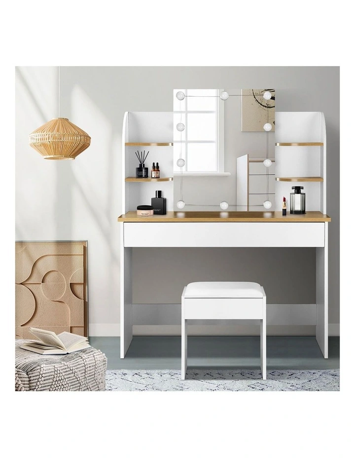 Oikiture Dressing Table Stool Set Makeup Mirror Storage Drawer 10LED Bulbs White image 5