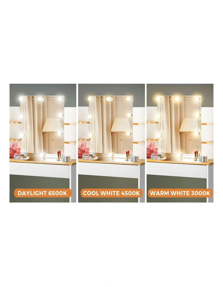 Oikiture Dressing Table Stool Set Makeup Mirror Storage Drawer 10LED Bulbs White image 6
