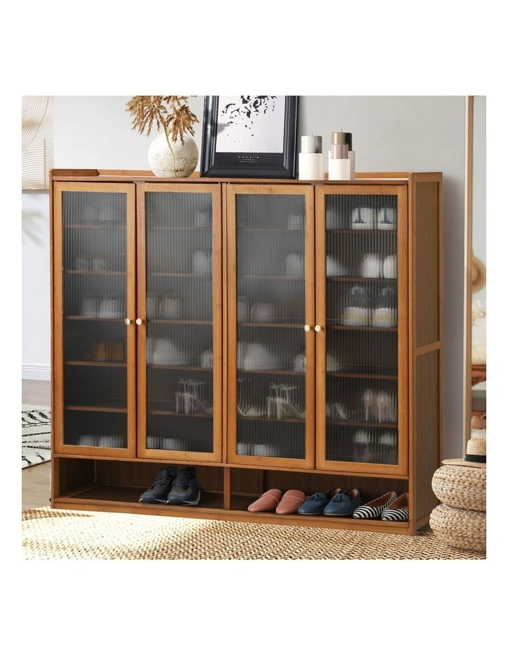 Oikiture Shoe Cabinet Shoes Storage Rack Organiser 4 Doors Shelf Brown image 4