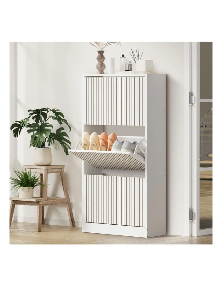 Oikiture Shoe Rack Storage Cabinet Organiser Drawers 3 Doors White image 4