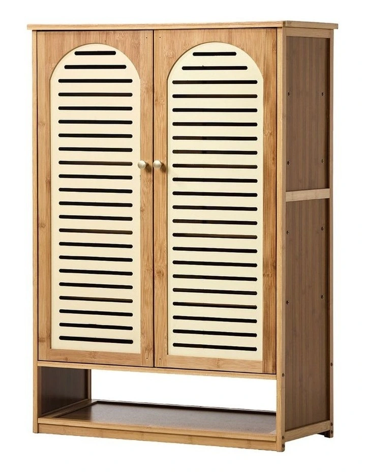 Oikiture Shoe Storage Cabinet 2 Doors Bamboo Shoe Organiser Shelf Beige image 1