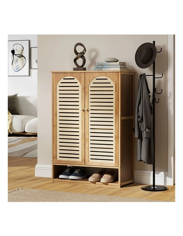 Oikiture Shoe Storage Cabinet 2 Doors Bamboo Shoe Organiser Shelf Beige image 4