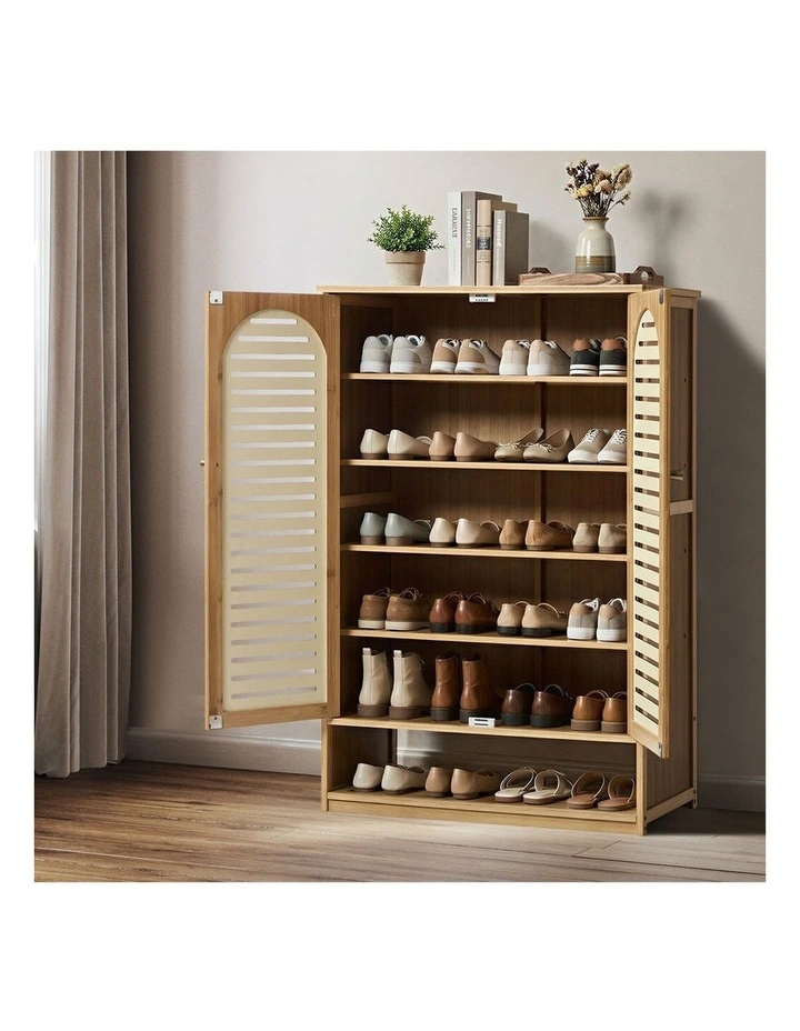 Oikiture Shoe Storage Cabinet 2 Doors Bamboo Shoe Organiser Shelf Beige image 5