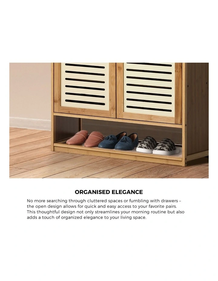 Oikiture Shoe Storage Cabinet 2 Doors Bamboo Shoe Organiser Shelf Beige image 6