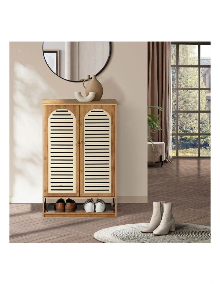 Oikiture Shoe Storage Cabinet 2 Doors Bamboo Shoe Organiser Shelf Beige image 7