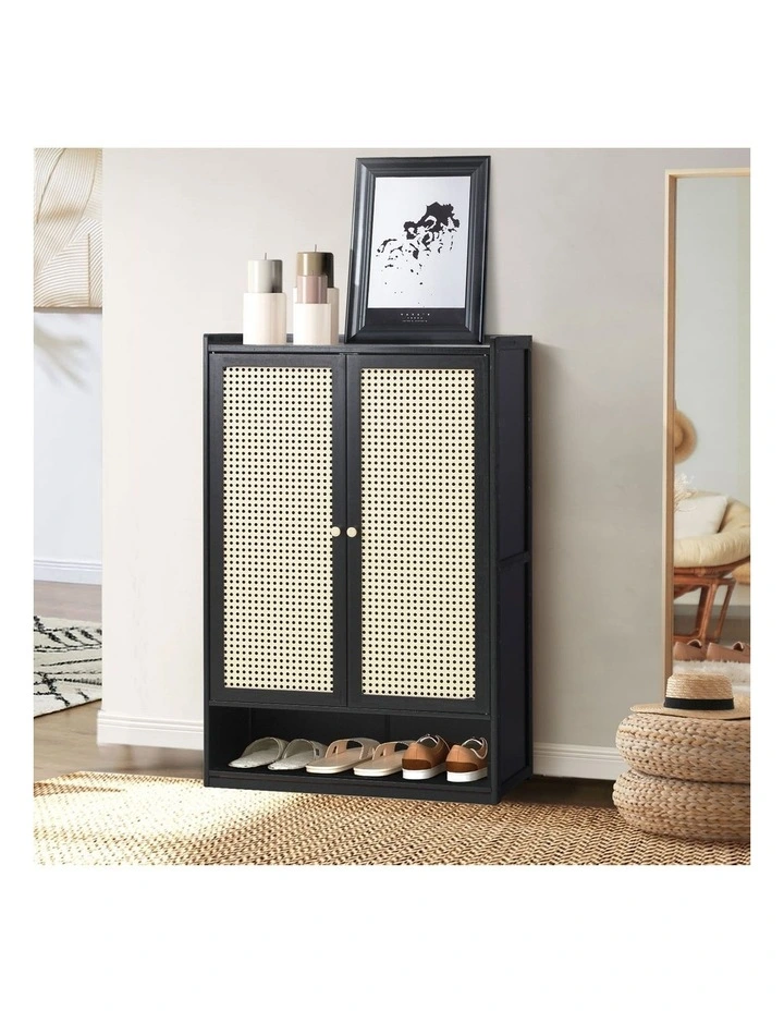 Oikiture Shoe Storage Cabinet Shoes Rack Organiser Shelf 2 Doors Rattan Black image 4