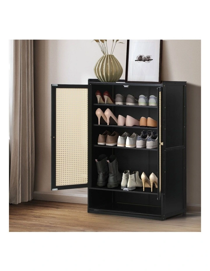 Oikiture Shoe Storage Cabinet Shoes Rack Organiser Shelf 2 Doors Rattan Black image 5