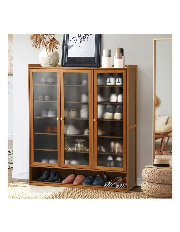 Oikiture Shoe Cabinet Shoes Storage Rack Organiser 3 Doors Shelf Brown image 4