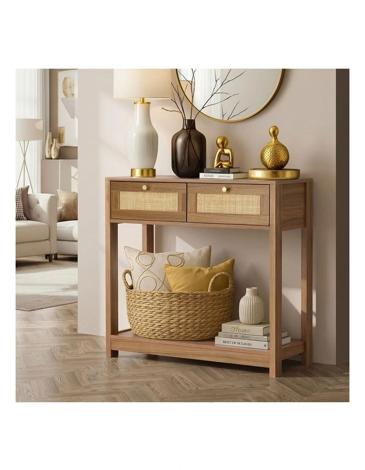 Oikiture Console Table 2 Drawer Hallway Display Shelf Entryway Storage Oak image 4