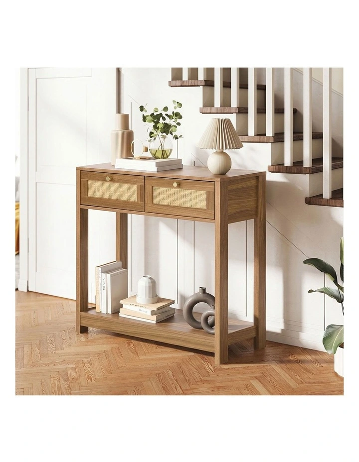 Oikiture Console Table 2 Drawer Hallway Display Shelf Entryway Storage Oak image 5