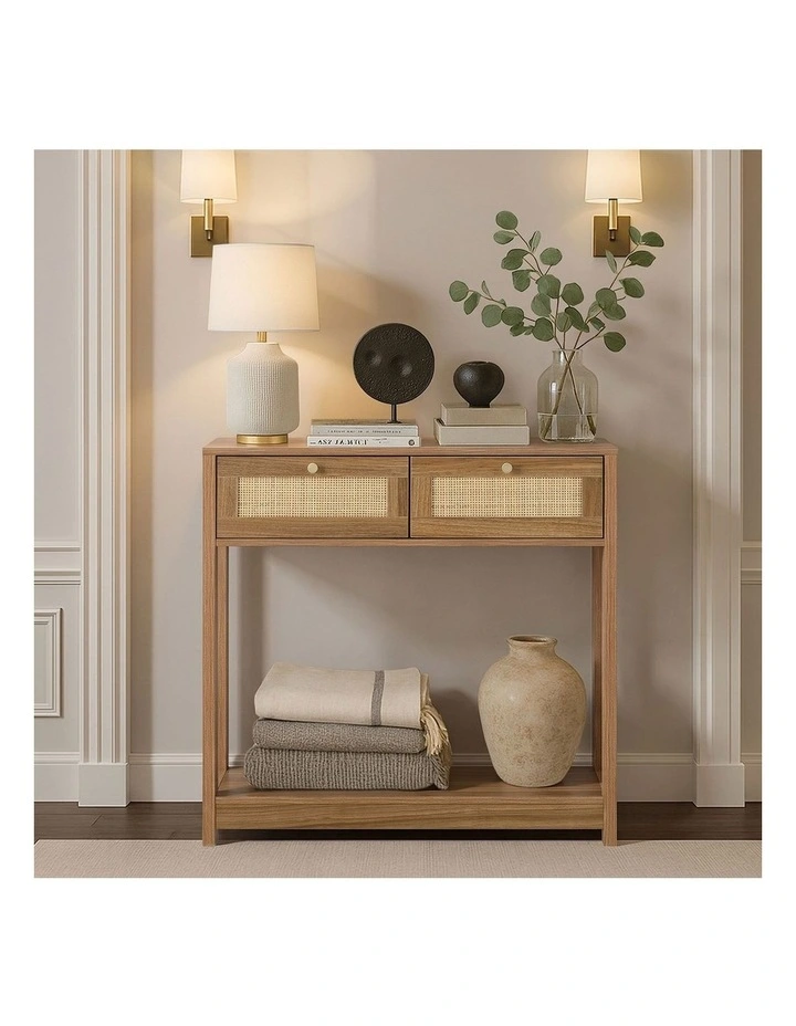 Oikiture Console Table 2 Drawer Hallway Display Shelf Entryway Storage Oak image 7