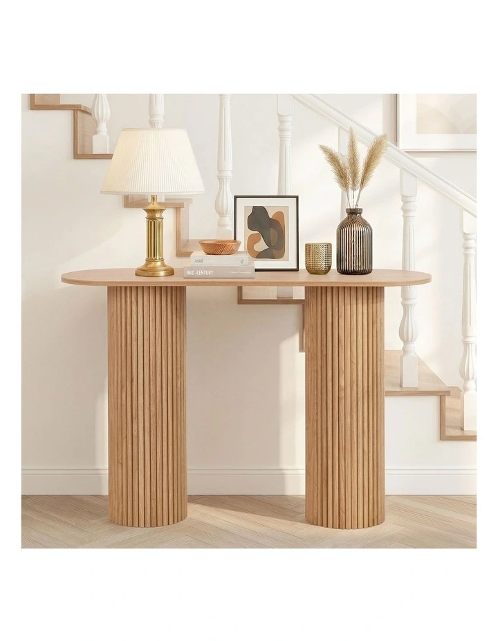 Oikiture Console Table Oval Hallway Desk Modern Entryway Table Natural image 4