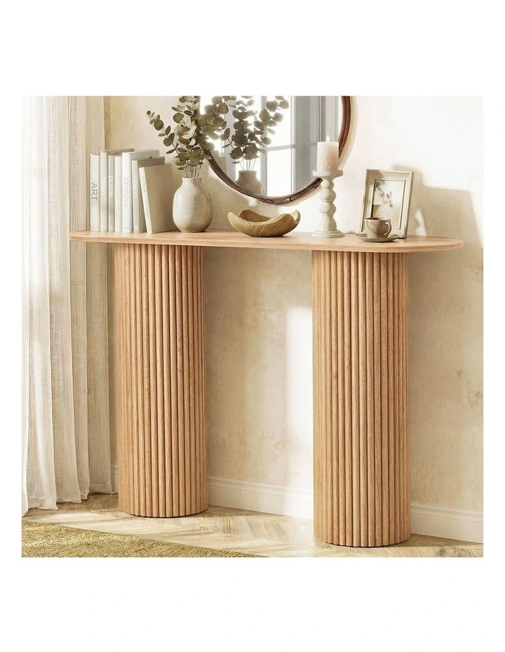 Oikiture Console Table Oval Hallway Desk Modern Entryway Table Natural image 5