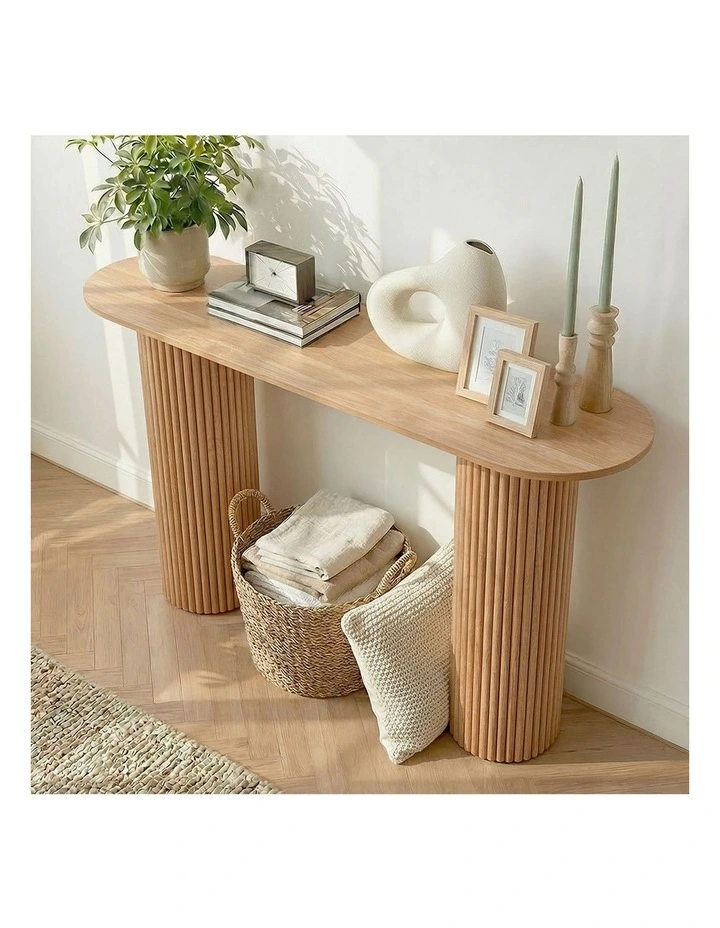 Oikiture Console Table Oval Hallway Desk Modern Entryway Table Natural image 6