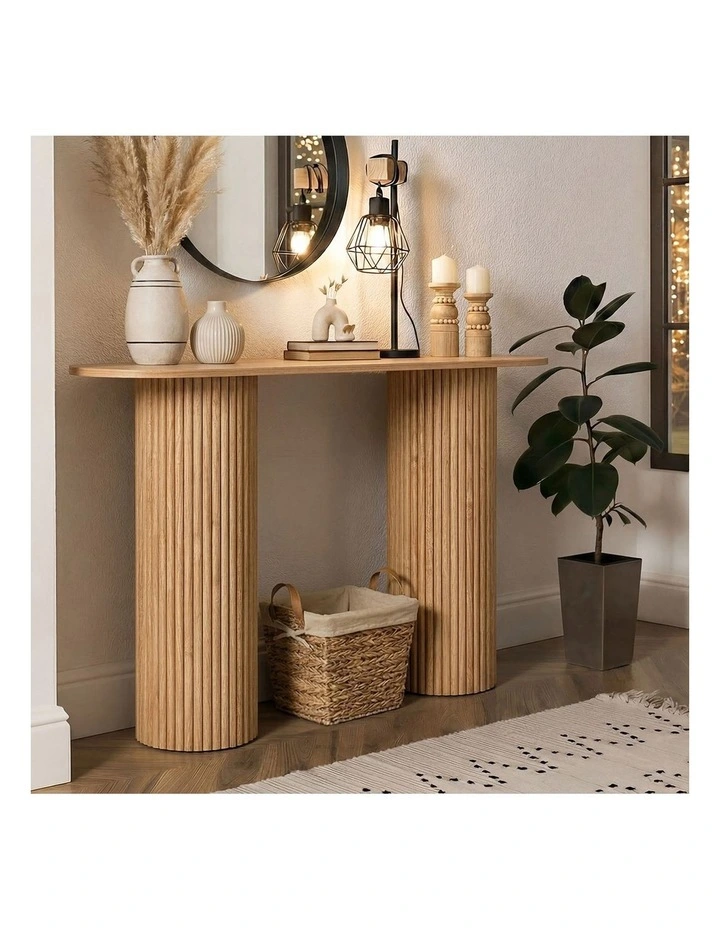 Oikiture Console Table Oval Hallway Desk Modern Entryway Table Natural image 7