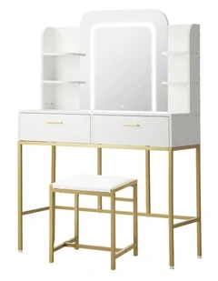 Oikiture Dressing Table Stool Set Makeup LED Mirror Vanity Iron Desk White Gold