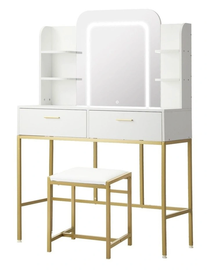 Oikiture Dressing Table Stool Set Makeup LED Mirror Vanity Iron Desk White Gold image 1