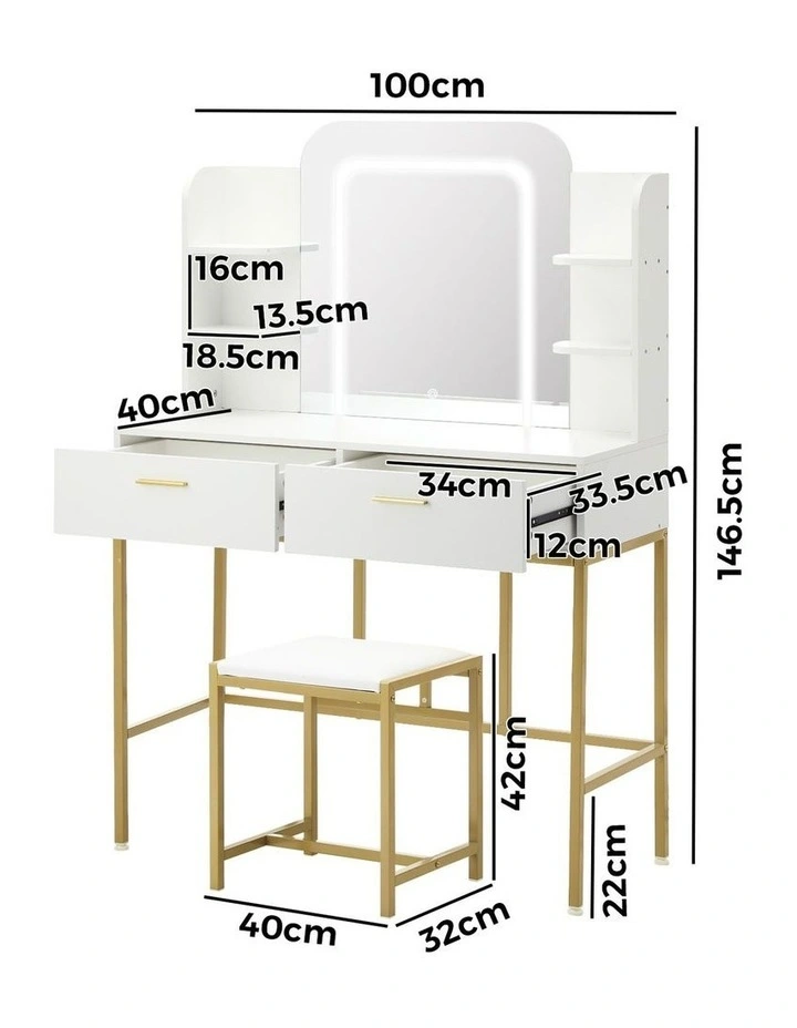 Oikiture Dressing Table Stool Set Makeup LED Mirror Vanity Iron Desk White Gold image 3