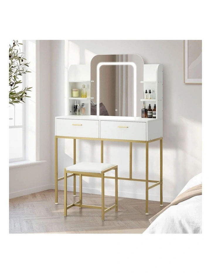 Oikiture Dressing Table Stool Set Makeup LED Mirror Vanity Iron Desk White Gold image 4